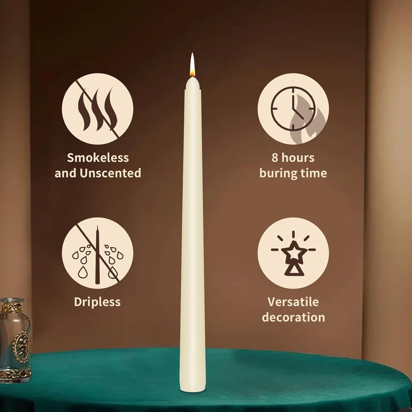 KORCCI Ivory Taper Candles 10 Inch - Set of 6 Long Candles, 8 Hours Long Burning, Smokeless & Unscented & Dripless, for Christmas Holiday Décor, Weddings, Birthdays, Dinner, Rituals (Ivory)