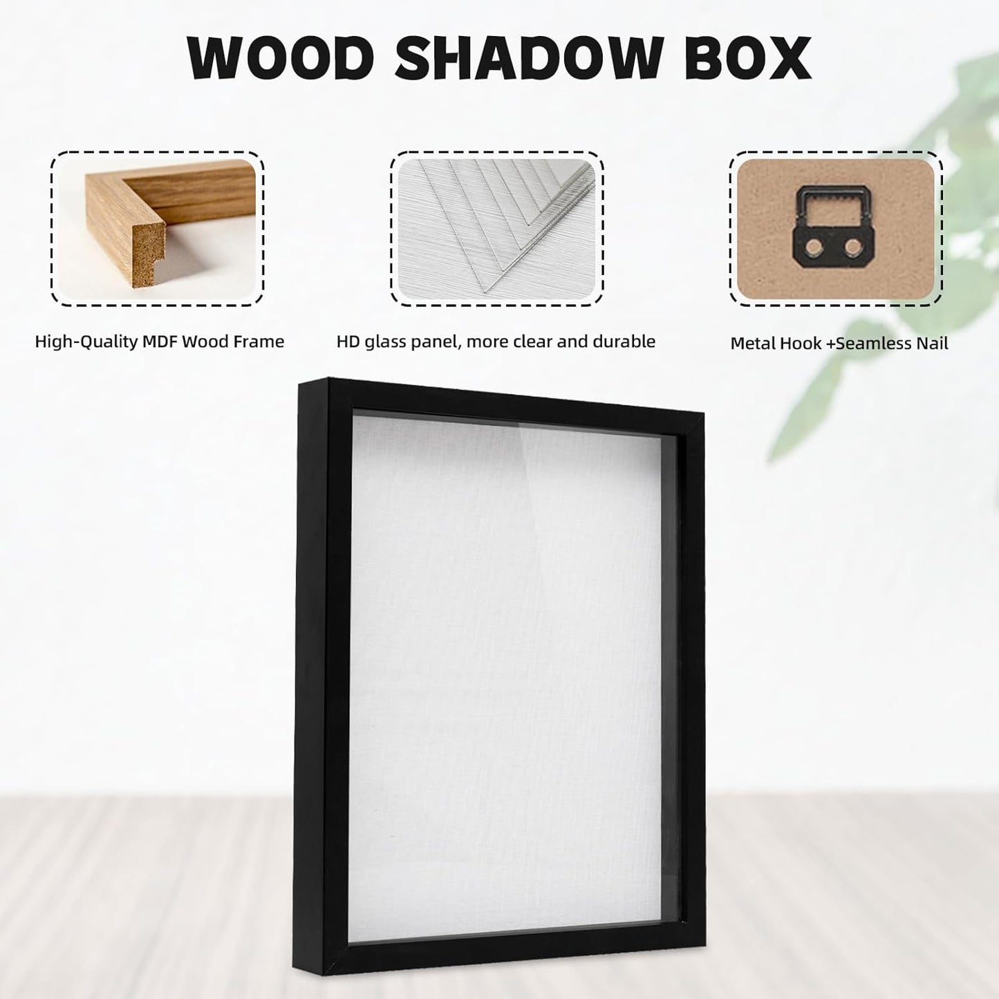 Muzilife 8x8 Shadow Box Picture Frame with Linen Board - Deep Wood & Glass Display Case Ready to Hang Memory Box Baby Sports Memorabilia, Pins, Awards, Medals, Wedding, Tickets and Photos (Black)