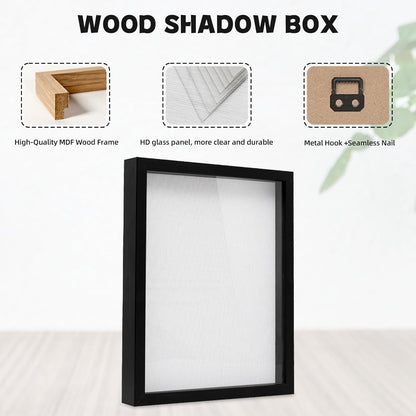 Muzilife 8x8 Shadow Box Picture Frame with Linen Board - Deep Wood & Glass Display Case Ready to Hang Memory Box Baby Sports Memorabilia, Pins, Awards, Medals, Wedding, Tickets and Photos (Black)