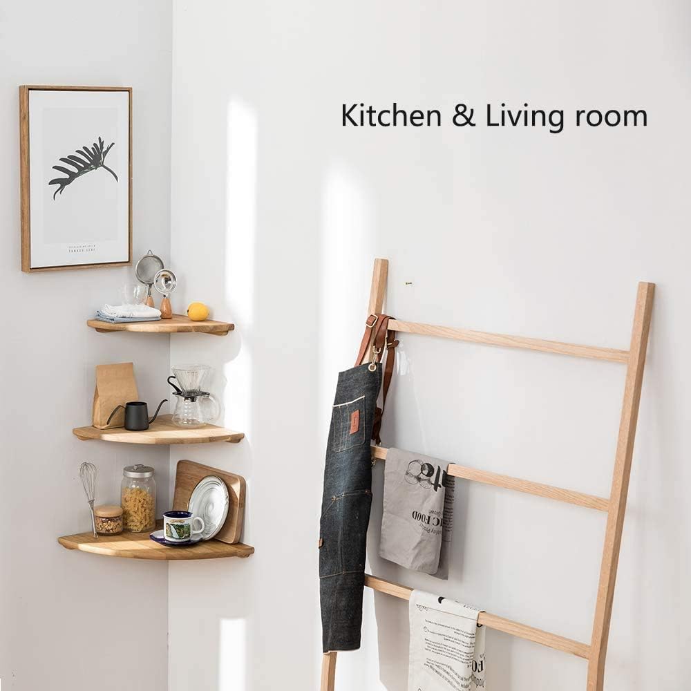 Corner Shelves, Floating Corner Shelf, Set of 2 7inch Solid Oak Wood Wall Shelves, Round End Wall Mount with Wire Hole Shelving for Small Plant for Bedroom Kitchen, Living Room