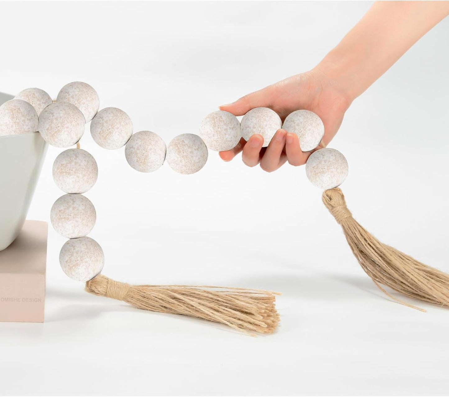 OMISHE Extra Large Wood Bead Garland with 1.6" Diameter Wooden Beads and Tassels, 41" Long Rustic Farmhouse Country Decorative Beads for Home Tiered Tray Decor, Natural Beige