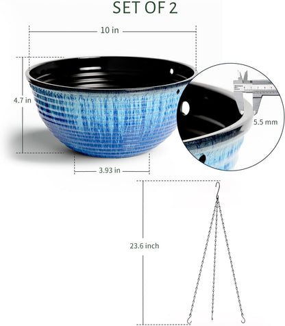 Vanslogreen 2 Pack Hanging Planters for Indoor Outdoor Plants, 10 Inch Hanging Planter with Drainage Hole & Plug Glazed Hanging Baskets Flower Pots for Garden Home (Blue)