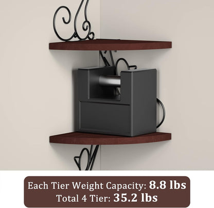 Alsonerbay Corner Shelf Wall Mount, 4 Tier Floating Shelves for Wall, Easy-to-Assemble Wall Shelves Rustic Wood Decor for Bedroom Living Room Bathroom Kitchen Office, Walnut Finish
