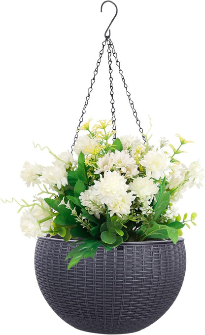 Vencer 11 Inch Round Resin Rattan Hanging Planters,Self Watering Hanging Basket for Indoor Outdoor Plants,Hanging Flower Pots with Drain Hole and Metal Chain,Water Indicator,Coffee,VF-A15-C