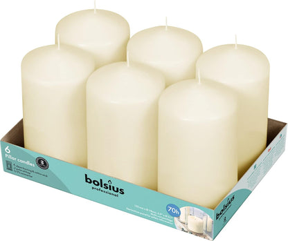 BOLSIUS 6 Ivory Pillar Candles Bulk - 3x4 Inches Candle Set - 40+ Hours Clean Burning - No Palm Oil - 0% Animal Fat - Premium European Quality - Unscented Dripless Restaurant Pillars