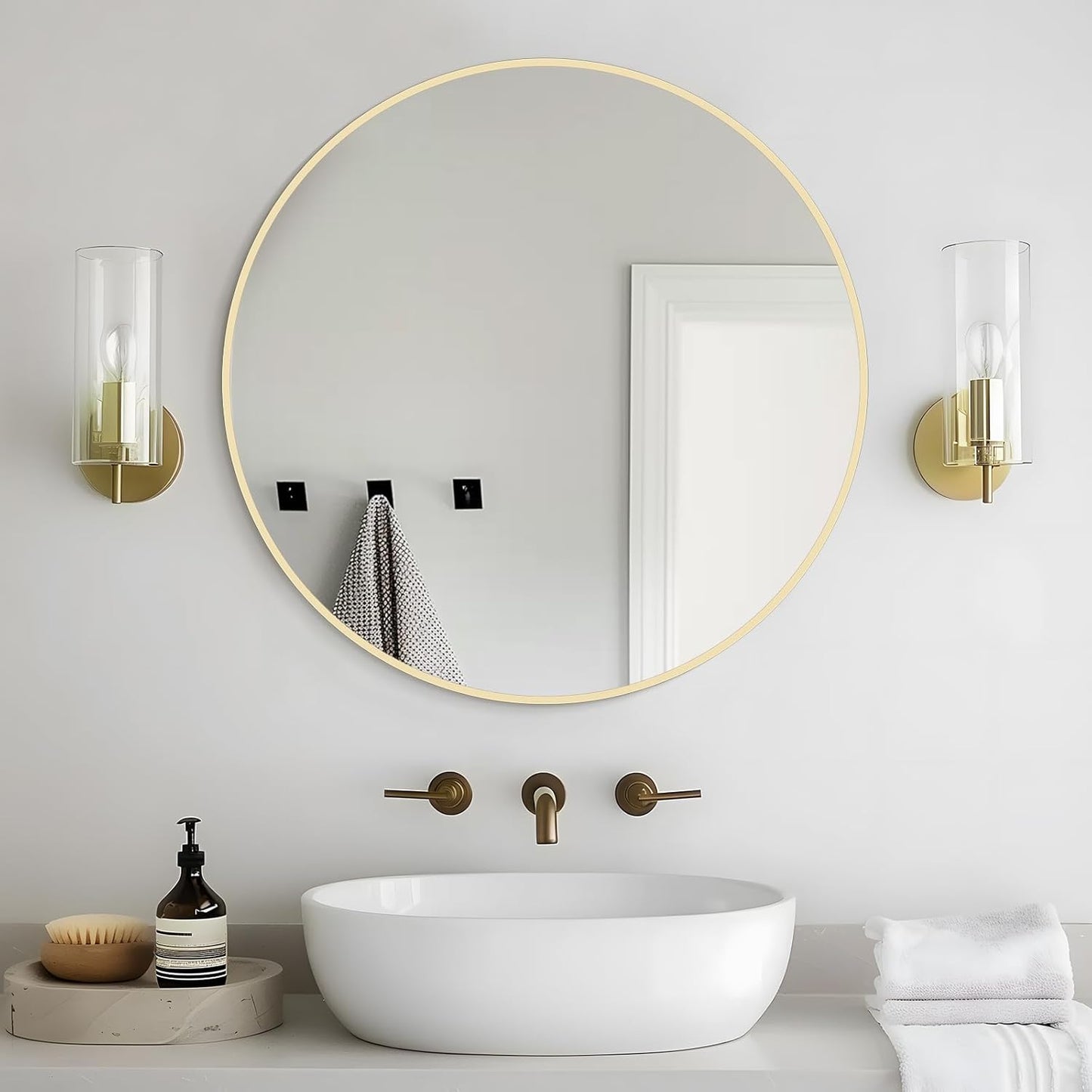 WallBeyond Wood Round Mirror with Wood Frame 24 inch Circle Wall Mirror for Bathroom Round Wall Mirror for Wall Decor, Vanity, Entryway Living Room (Walnut)