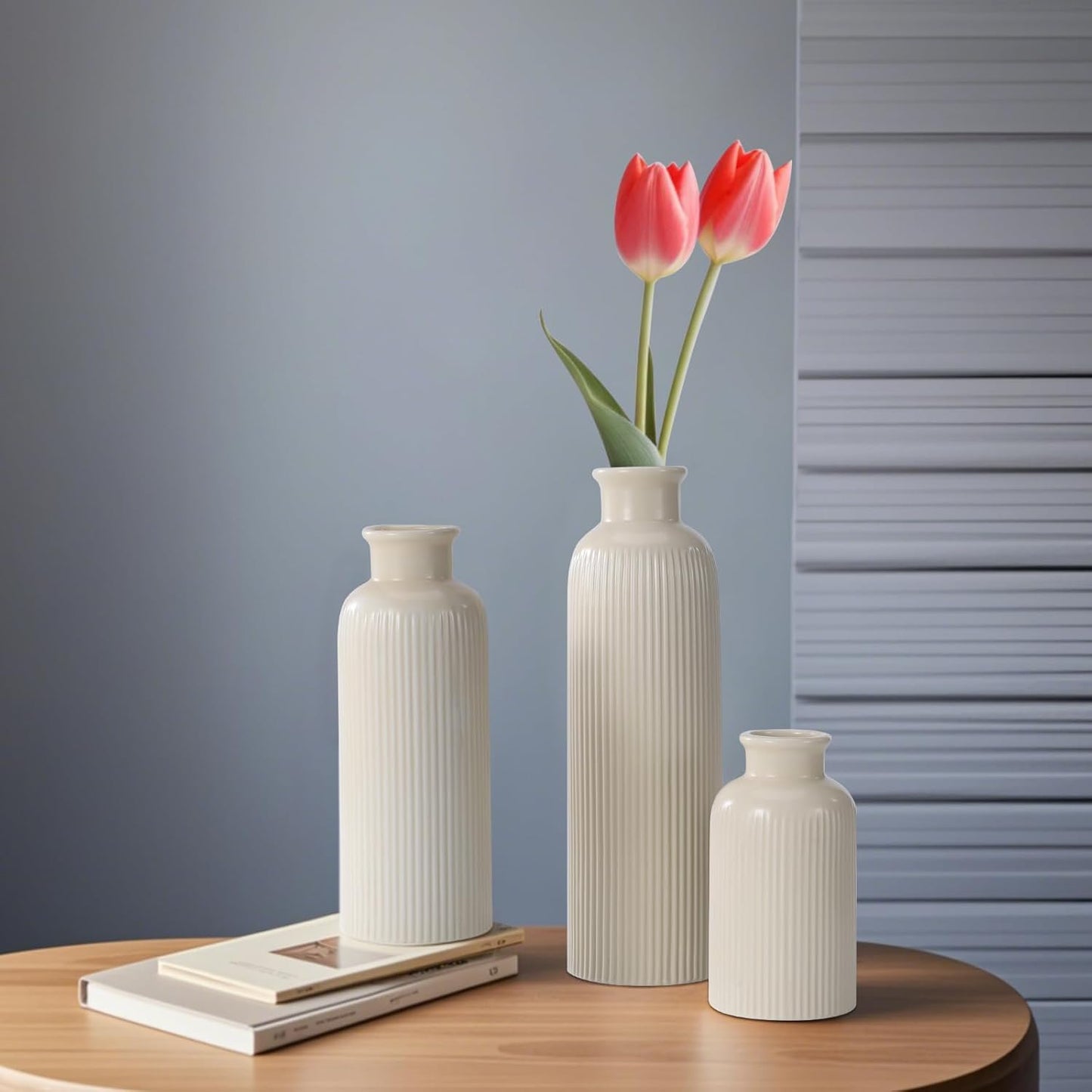 Small White Ceramic Vase Set of 3, Boho Modern White Flower Vase Room Decor, Farmhouse Decor, Vases for Your Kitchen, Bathroom, Bedroom, Living Room, Office&Shelf Centerpiece Table Decorations