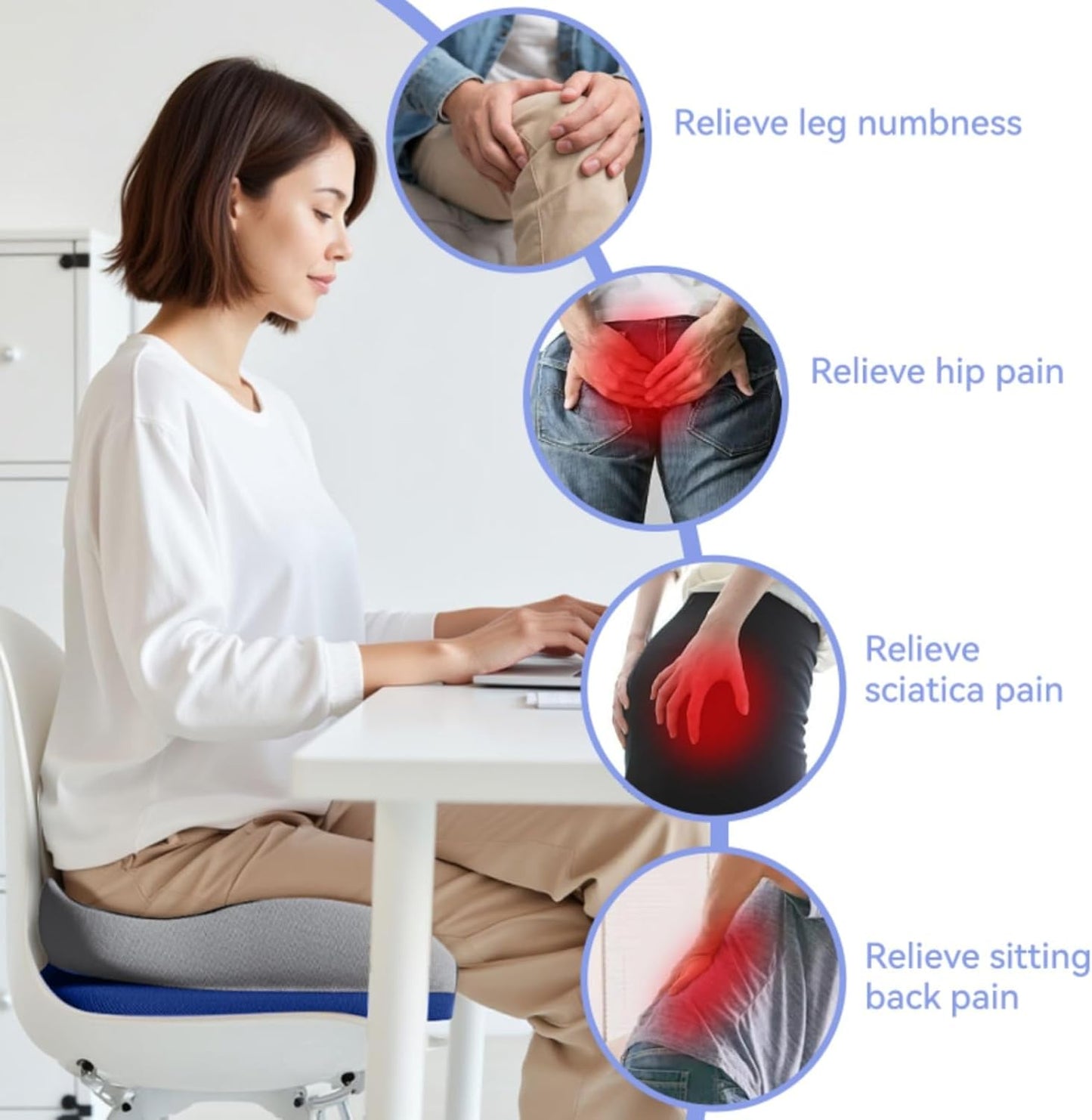 Seat Cushions for Office Chairs Wheelchair Cushion for Long Sitting Back Pain，Memory Foam Seat Car Computer Desk Chair Cushion，Coccyx Cushion for Tailbone Pain Relief Cushion Office Chair Black