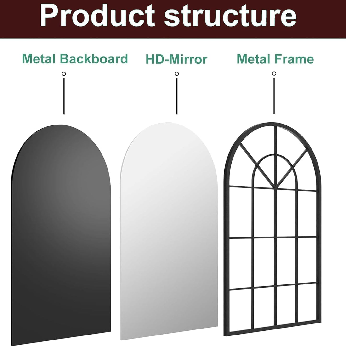 Dewfig 65"x 22" Arched Window pane Full Length Mirror, Wall Mirror, Floor Standing Mirrors, Farmhouse Long Full Body Mirrors Wall Mounted for Living Room, Bedroom, Entryway, Fireplace, Black