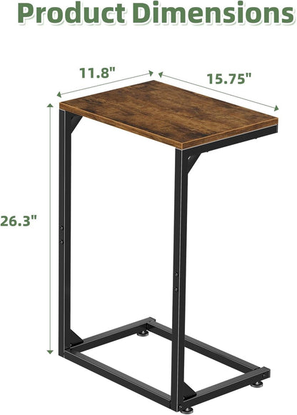 Simple Trending C Shaped End Table, TV Tray for Couch, Small Side Table with Metal Frame, for Living Room Bedroom, Rustic Brown