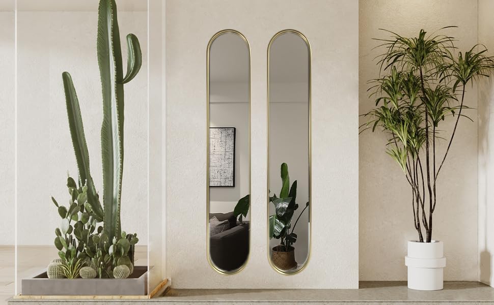 OUSHUAI Gold Tall Mirror,Narrow Capsule Long Mirrors with Metal Frame for Entryway,Hallway,Living Room 44"X8" (3pcs)