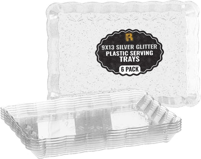 6 Pack Clear Plastic Serving Trays for Party, 9 x 13 Inch - Heavy Duty Plastic Trays for Food - Rectangular Party Serving Trays and Platters - Clear Disposable Trays