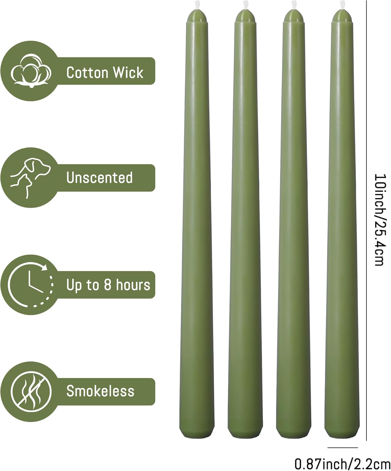 Viyffo Taper Candles, 10 Inch, 4 Pack, Olive Glow – Unscented, Dripless & Smokeless Design, Up to 8 Hour Burn – Long Tall Taper Candlesticks for Wedding, Dinner & Home Decor