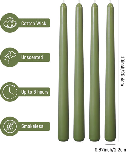 Viyffo Taper Candles, 10 Inch, 4 Pack, Olive Glow – Unscented, Dripless & Smokeless Design, Up to 8 Hour Burn – Long Tall Taper Candlesticks for Wedding, Dinner & Home Decor