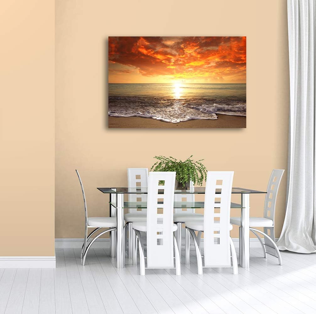 Baisuart S02250 Canvas Prints Wall Art Beach Sunset Ocean Waves Nature Pictures Stretched Canvas Wooden Framed for living Room Bedroom and Office
