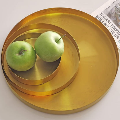 FREELOVE Gold Tray, Round Brass Serving Platter, Bar Circle Decorative Plate, Coffee Table Metal Decor Dishes, Brushed Hammered Coasters, Counter Bathroom Kitchen Dessert Cart Display Food, 12 inch