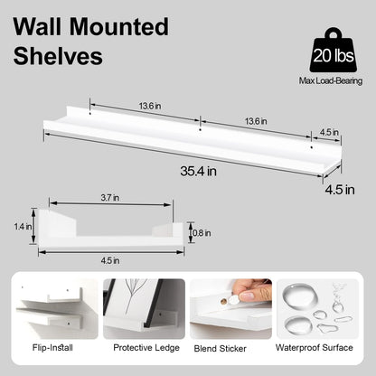 White Floating Shelves for Wall Decor, Wall Mounted Wood Storage Shelf for Bedroom, Living Room, Bathroom, Kitchen, Nursery, Display Picture Ledge Shelf with Lip Set of 2-14 Inches, White