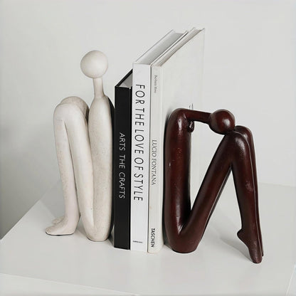 Resin Book Ends, Abstract Thinker Modern Minimalist Decorative Sculpture Bookends, Non-Slip Heavy Duty Bookends for Shelves for Home Office Shelves Desk, Set of 2 (Brown & White)