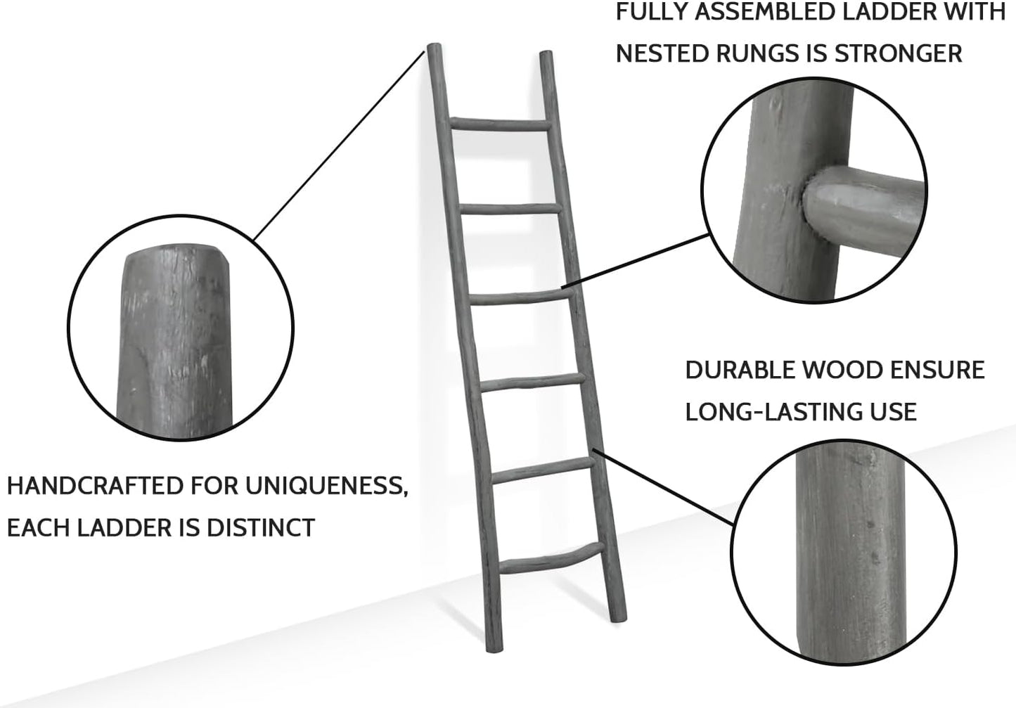 FUIN 57in Wood Blanket Ladder Living Room Decorative Wall Leaning Farmhouse Quilt Display Holder Rustic Wooden Towel Rack for Bathroom, Brown
