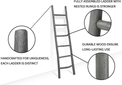 FUIN 57in Wood Blanket Ladder Living Room Decorative Wall Leaning Farmhouse Quilt Display Holder Rustic Wooden Towel Rack for Bathroom, Brown