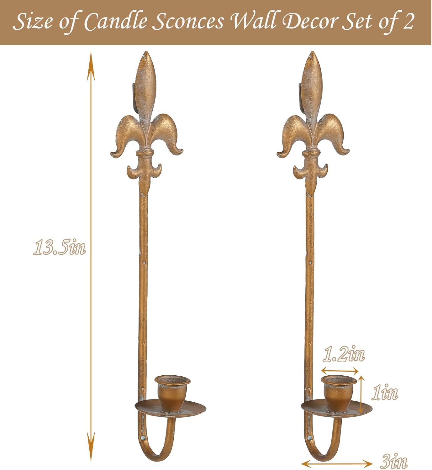 Fleur De Lis Wrought Iron Candle Sconces Set of 2, Rustic Candle Holders Hanging for Living Room Farmhouse Fireplace Wedding (Antique Copper)