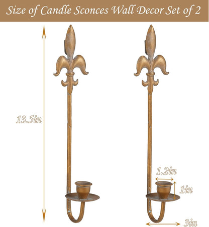 Fleur De Lis Wrought Iron Candle Sconces Set of 2, Rustic Candle Holders Hanging for Living Room Farmhouse Fireplace Wedding (Antique Copper)