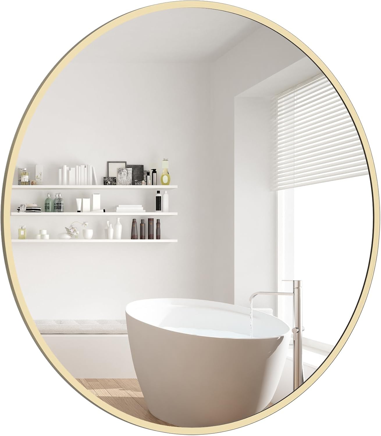 WallBeyond Wood Round Mirror with Wood Frame 24 inch Circle Wall Mirror for Bathroom Round Wall Mirror for Wall Decor, Vanity, Entryway Living Room (Walnut)