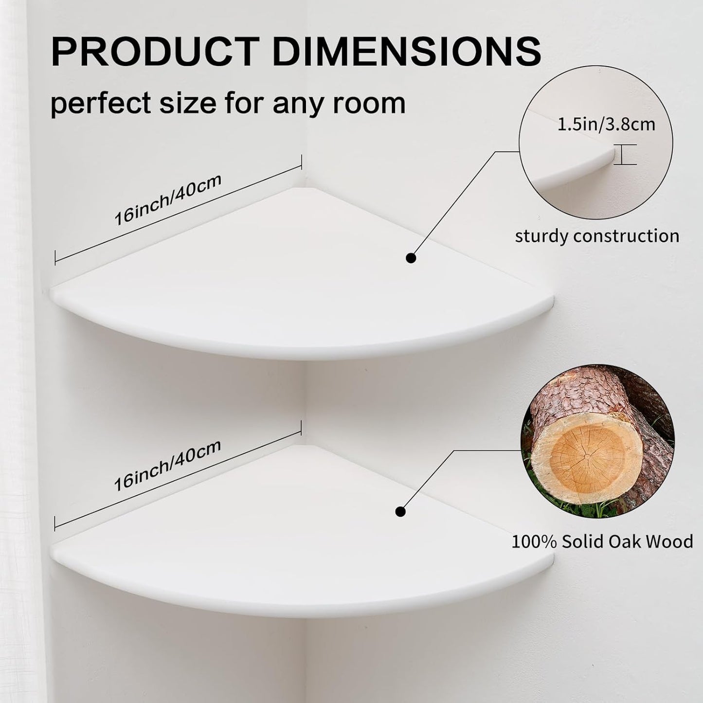 Corner Shelves, Floating Corner Shelf, Set of 2 7inch Solid Oak Wood Wall Shelves, Round End Wall Mount with Wire Hole Shelving for Small Plant for Bedroom Kitchen, Living Room