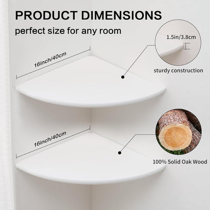 Corner Shelves, Floating Corner Shelf, Set of 2 7inch Solid Oak Wood Wall Shelves, Round End Wall Mount with Wire Hole Shelving for Small Plant for Bedroom Kitchen, Living Room