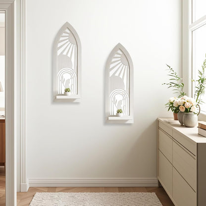 Wood Wall Sconce Candle Holder Set 2, Rustic Wall-Mount Candle Holders, Farmhouse Hanging Wall Décor, Carved Wood Frame, Mirrored Candle Holder (Distressed White)