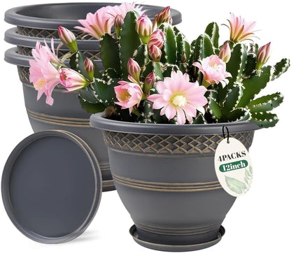 Usocik 10 Inch 4 Pack Plant Pots, Plastic Flower Pot for Indoor & Outdoor with Drainage Holes & Saucer, Plaid Pattern Planters Garden Pots for Herbs