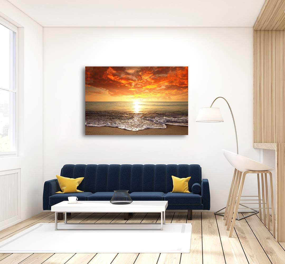 Baisuart S02250 Canvas Prints Wall Art Beach Sunset Ocean Waves Nature Pictures Stretched Canvas Wooden Framed for living Room Bedroom and Office