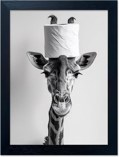 Bathroom Picture Wall Decor, Framed Black and White Bathroom Wall Art, Toilet Paper in Little Funny Raccoon's Hand Animal Canvas Print Painting