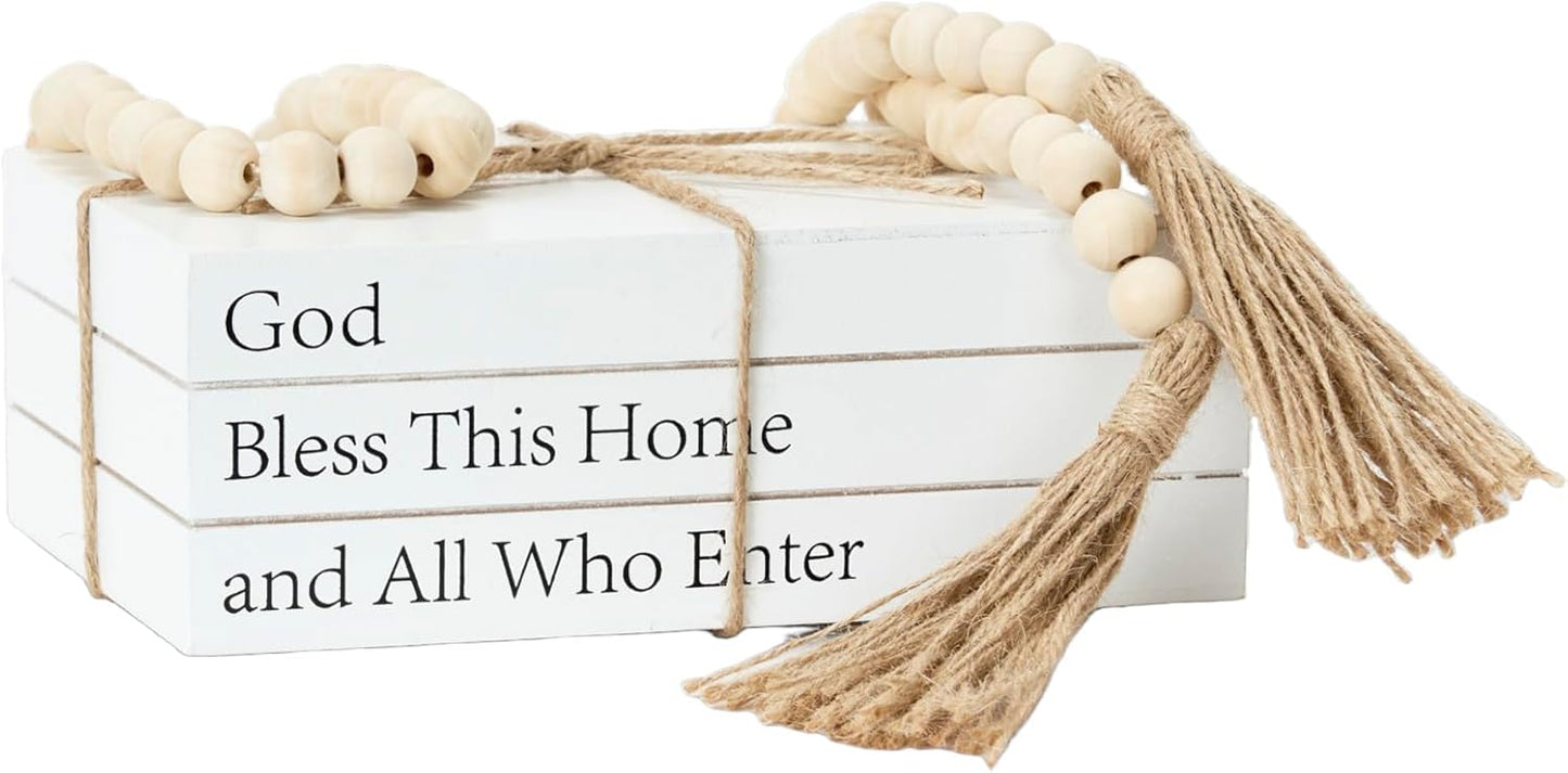 Decorative Books for Home Decor, White Faux Books for Decoration, Rustic Farmhouse Stacked Display Books with 52in Wood Bead Garland for Coffee Tables Living Room (TAKE TIME to DO)