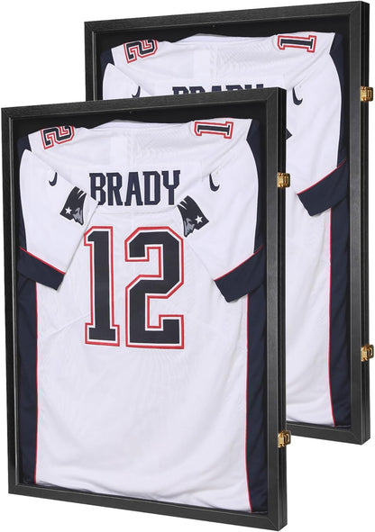 Jersey Wooden Frame Display Case -Shadow Box with 98% UV Protection Acrylic and Hanger for L or XL Baseball Basketball Football Hockey Sport Shirt and Uniform Gifts for Men (Black, 1 Pack)