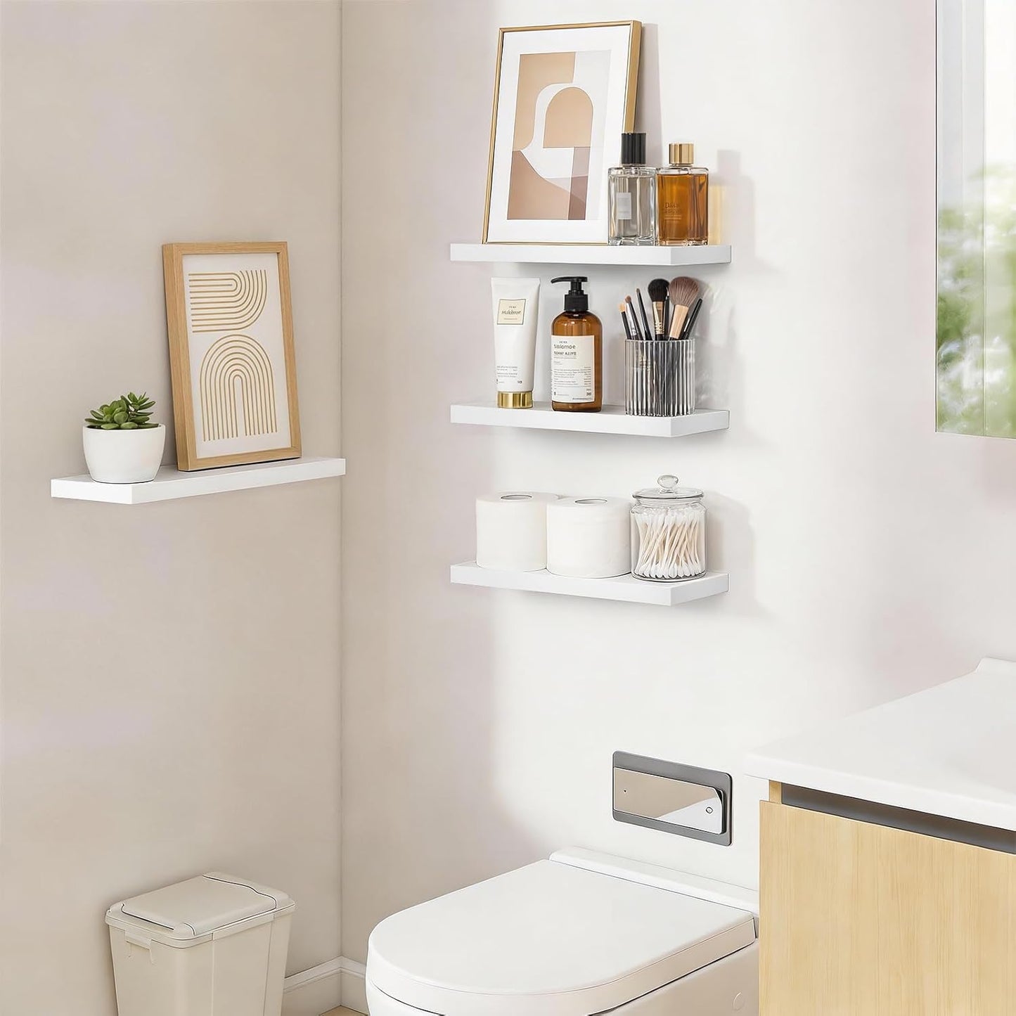 BAYKA Floating Shelves for Wall, Set of 3, Wall Mounted Rustic Wood Shelves for Bathroom, Bedroom, Living Room, Kitchen, Small Hanging Shelf for Books/Storage/Room Decor, Walnut-Like, 15.7in