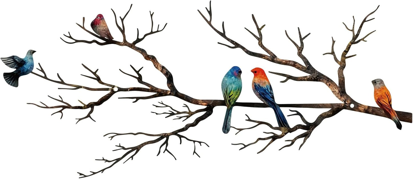 Metal Birds Wall Art, Metal Vivid Birds on Branch Silhouette Wall Decor Black Leaves with Bird Outdoor Hanging Wall Sculpture for Home Balcony Garden(Large)