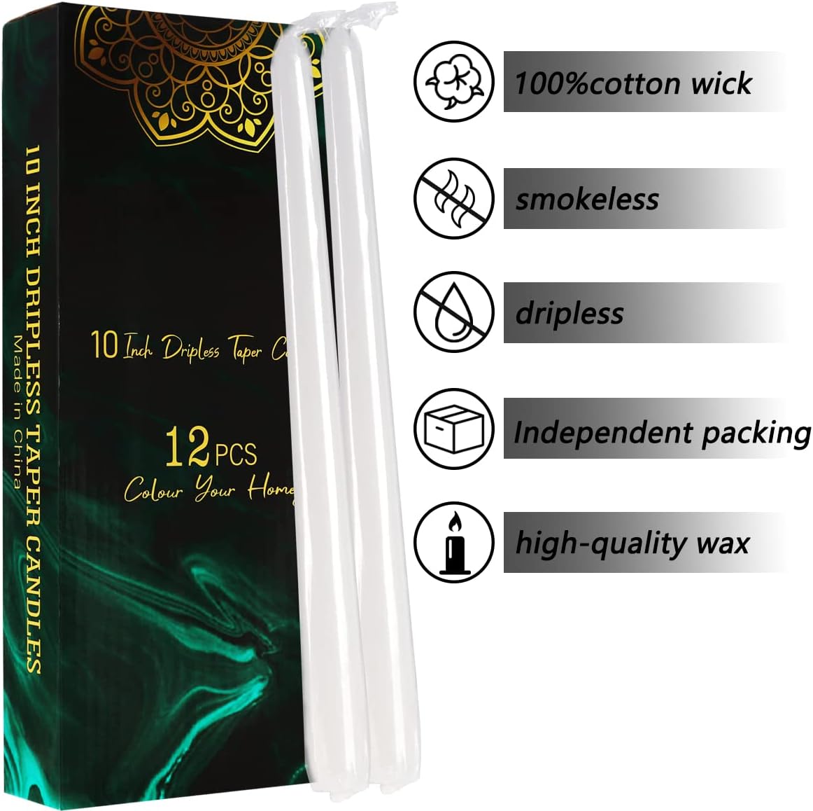 30-Pack 10-Color Taper Candles - 10 Inch Dripless & 10-Hour Burn｜Wedding/Birthday/Home Decor with Premium Wax