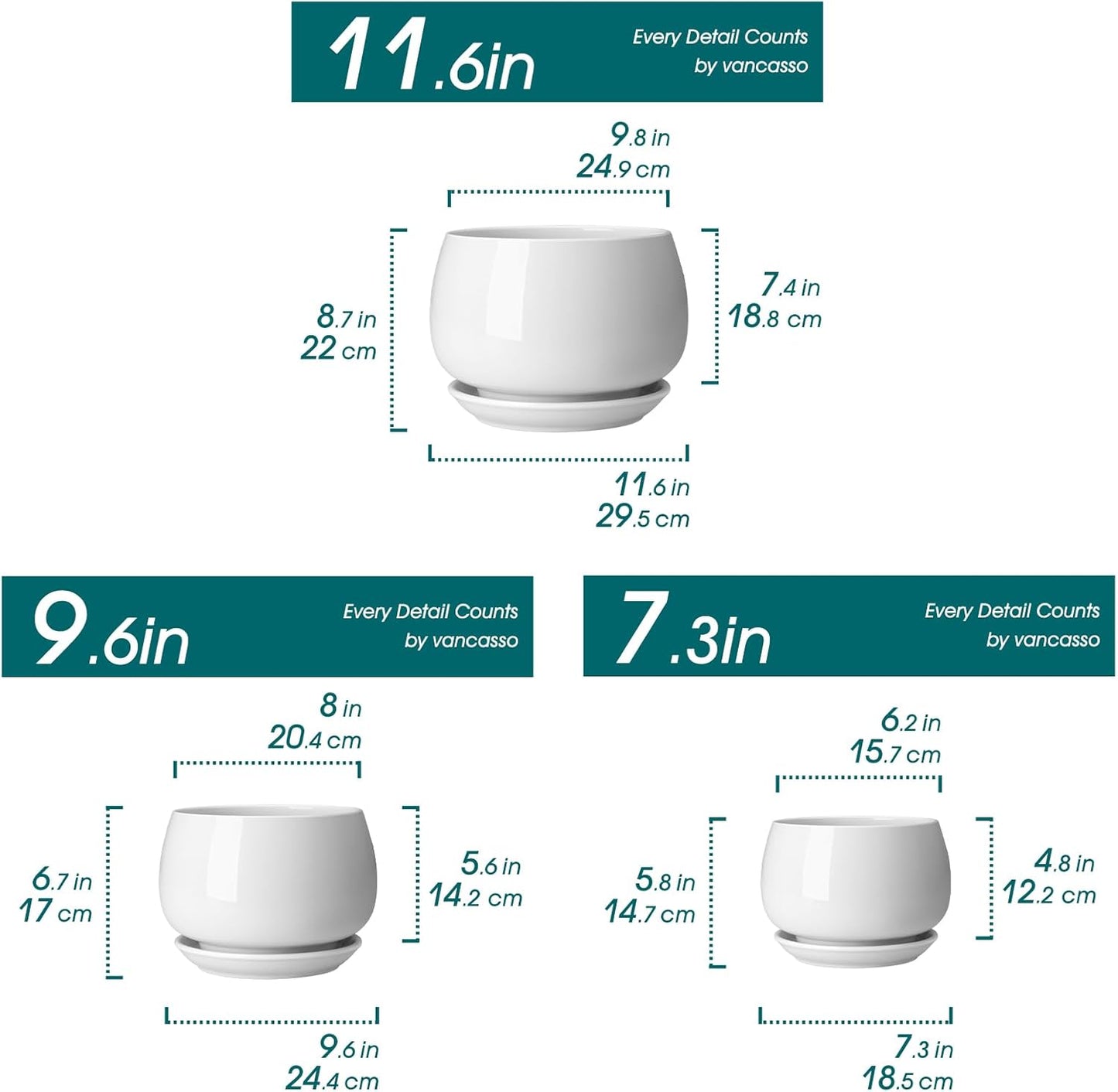 vancasso 3-Pack Ceramic Plant Pots, 3.7/4.8/6.2 Inch Indoor Planters with Saucers & Drainage Hole Planter pots for Indoor Plants and Flower, White