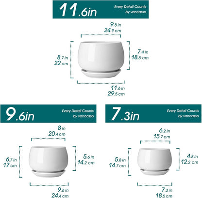 vancasso 3-Pack Ceramic Plant Pots, 3.7/4.8/6.2 Inch Indoor Planters with Saucers & Drainage Hole Planter pots for Indoor Plants and Flower, White