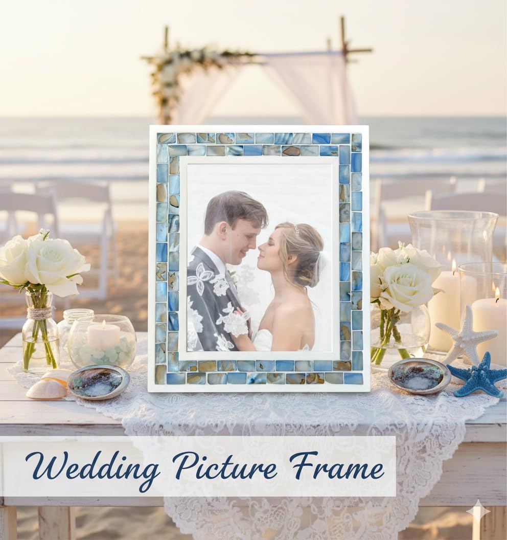 Silver Plate Picture Frame 5x7 Mother of Pearl 5 by 7 Photo Frame Mosaic Glass Tabletop Frame (Grey+ White,1pc)