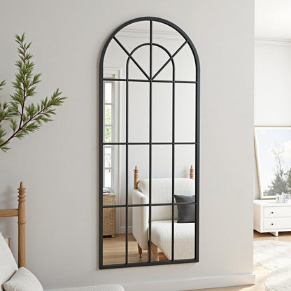 Dewfig 65"x 22" Arched Window pane Full Length Mirror, Wall Mirror, Floor Standing Mirrors, Farmhouse Long Full Body Mirrors Wall Mounted for Living Room, Bedroom, Entryway, Fireplace, Black