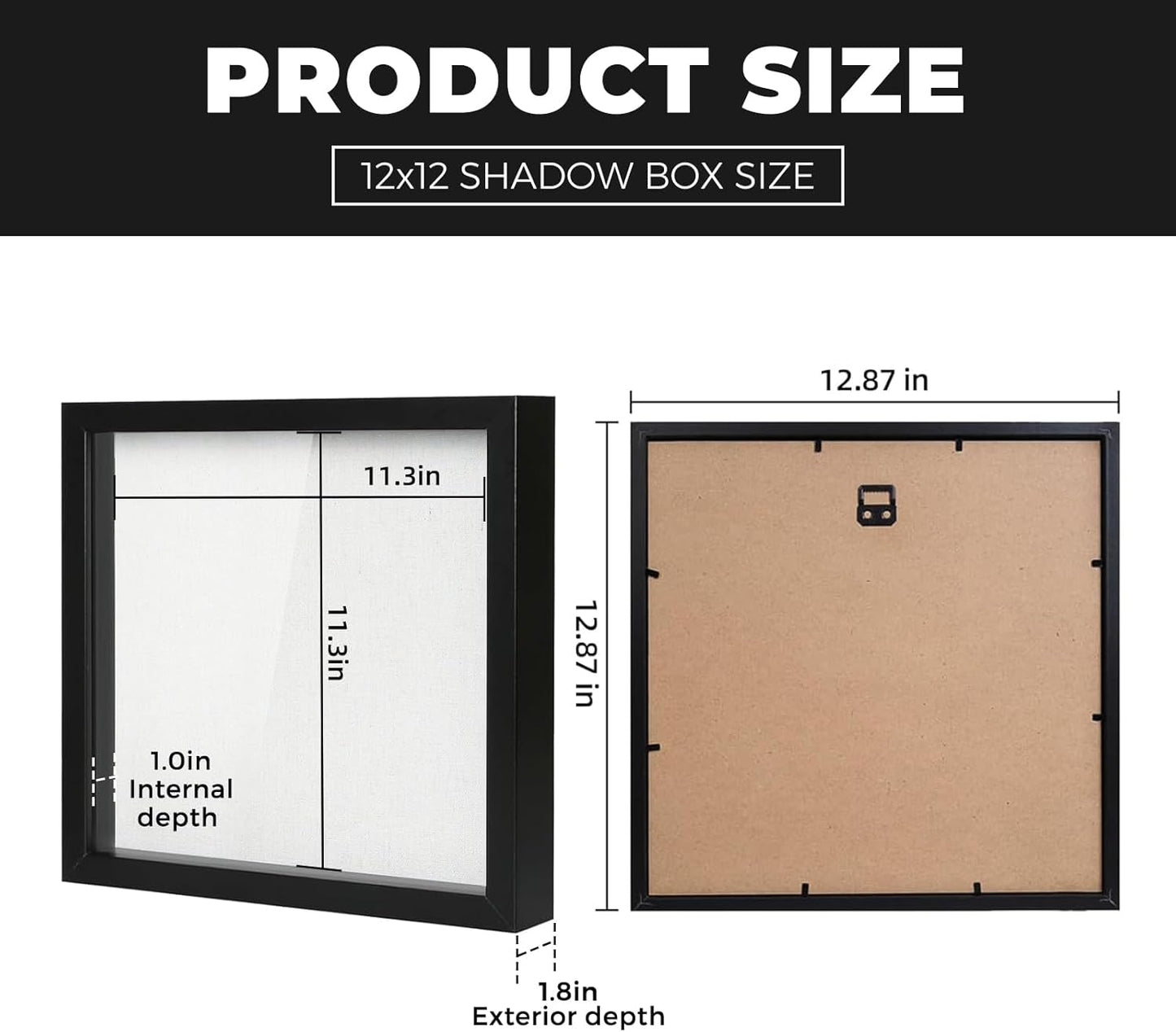 Muzilife 8x8 Shadow Box Picture Frame with Linen Board - Deep Wood & Glass Display Case Ready to Hang Memory Box Baby Sports Memorabilia, Pins, Awards, Medals, Wedding, Tickets and Photos (Black)