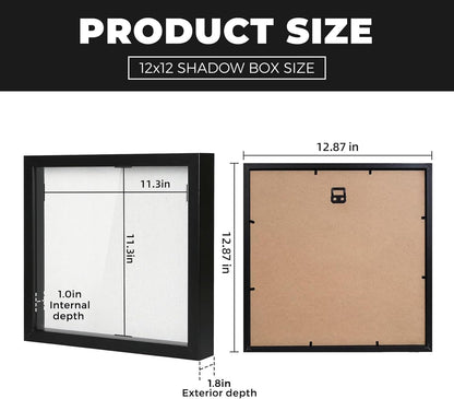 Muzilife 8x8 Shadow Box Picture Frame with Linen Board - Deep Wood & Glass Display Case Ready to Hang Memory Box Baby Sports Memorabilia, Pins, Awards, Medals, Wedding, Tickets and Photos (Black)