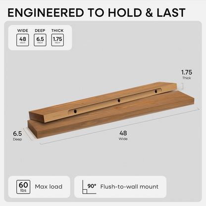 Homeforia 24 inch Natural Floating Shelf, High End Solid Real Wood 24inch Small Floating Shelves for Wall Mounted, Natural Wooden Floating Shelves, Heavy Duty Bracket, 24 X 6.5 X 1.75 in, Set of 2