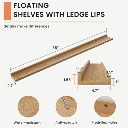 FLYJOE Picture Ledge Shelf, Floating Shelves Set of 2, Solid Pine Wood 55'' Long Large Nursery Book Shelves for Toys Storage, Kids Bookshelf for Living Room Bedroom Decor Books Photo Frames, Walnut