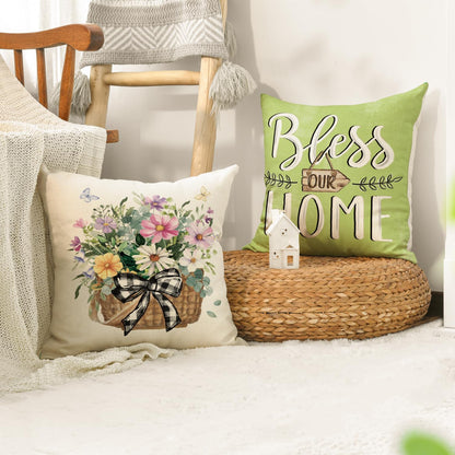 AVOIN colorlife Bless Our Home Farmhouse Eucalyptus Leaves Throw Pillow Covers, 18 x 18 Inch Truck Home Sweet Home Cushion Case Decorations Set of 4