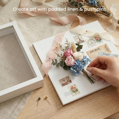 8x8 Shadow Box Frame | Soft Linen Back & Push Pins Included, Polystyrene Glass Memory Display Case for Flowers, Tickets & Cherished 3D Items, White
