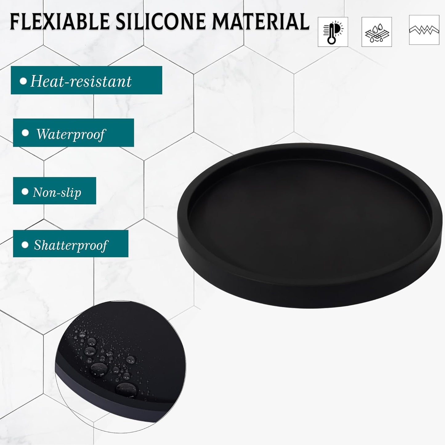Silicone Bathroom Tray Round Vanity Tray Decorative Soap Holder Kitchen Countertop Organizer Coffee Table Decor for Candle, Perfume, Plant, 9 Inch, Black