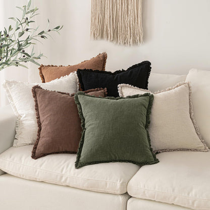 MIULEE Decorative Throw Pillow Covers Neutral Linen Fringe Throw Pillows Set of 2 Natural Beige Boho Farmhouse Cushion Covers with Tassels for Couch Sofa Bed Spring Home Decor 20x20 Inch